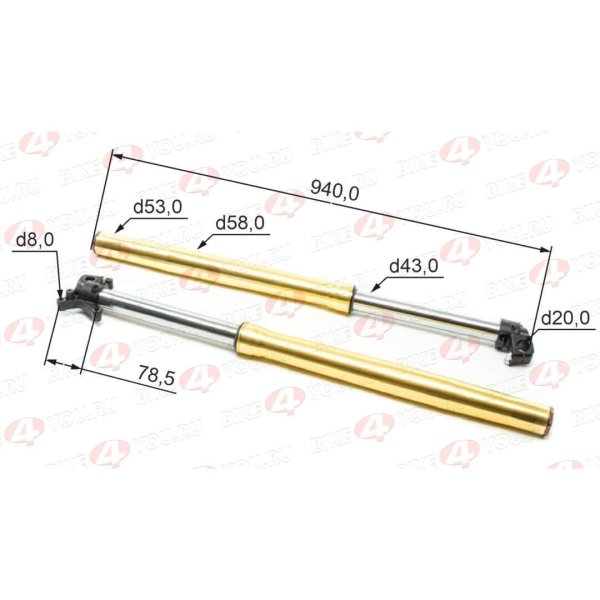 Амортизатор L=940 передний (перья, компл.) d53x58 RMZ 250, с регулир.